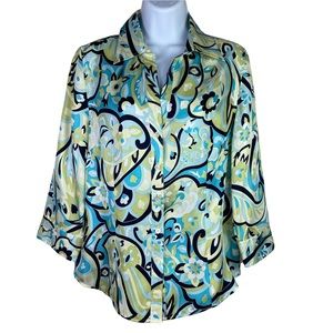 Ann Taylor Aqua Blue Green Black 100% Silk Floral Button Down Shirt Blouse 10